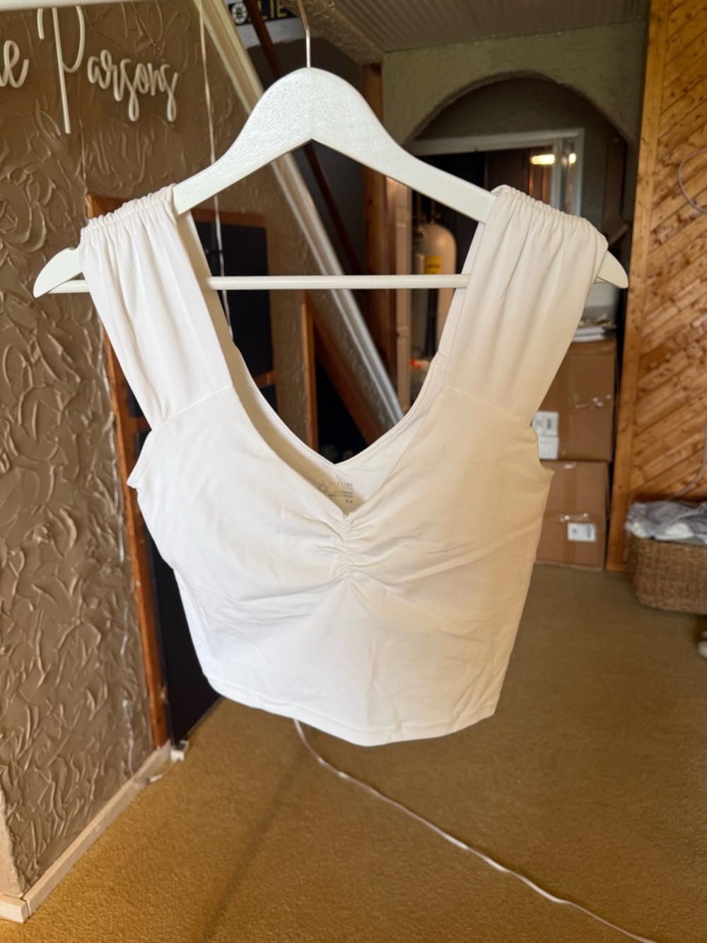 aerie Cream V-Neck Ruched Crop Tank